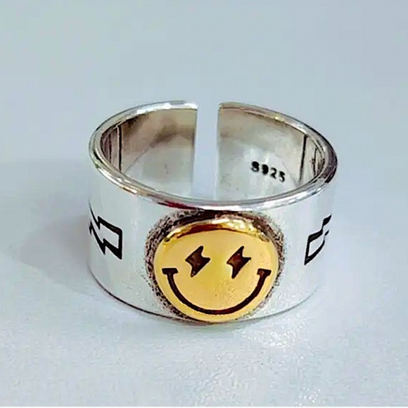 Sterling Silver Happy Face Smiley Adjustable Resizable Minimalist Ring